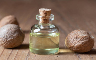 Nutmeg in a white bowl, with a cracked nutmeg next to the bowl.