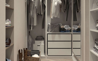 Grey walk in wardrobe filled with shoes and clothes