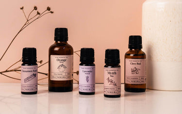 Row of various essential oils from Nikura