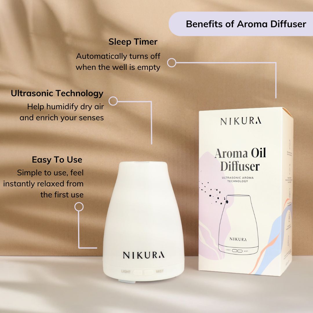 A diffuser emitting mist with text about features like ambient lighting, sleep timer, and adjustable mist strength.